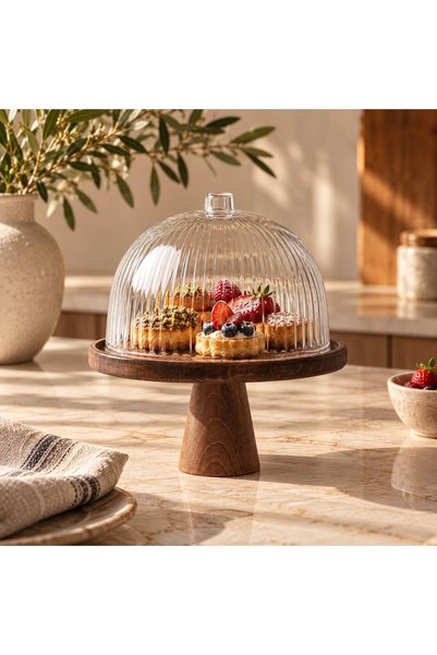 Rabo Craft Round Wooden Stand with Feet, Cake Pan and Presentation Tray, Natu...
