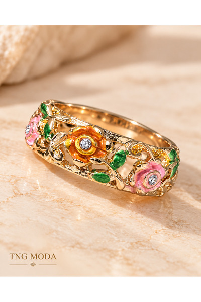 MODA MANANI Vintage Ring with Gold-Toned, Colorful Flower Motifs and Stone Em...