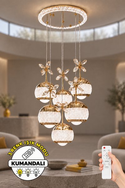 Dekorluna Hustin Sarkıt Kumandalı Gold 6'lı Kristal Küre Sarkıt Avize 3 Renk ...