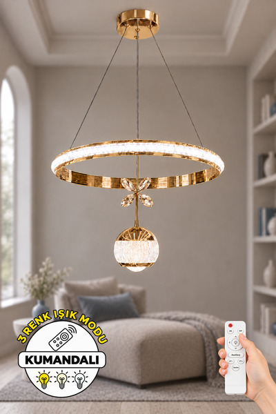 Dekorluna Hustin Halka 40cm Kumandalı Gold Halka Avize Kristal Küre Sarkıtlı ...