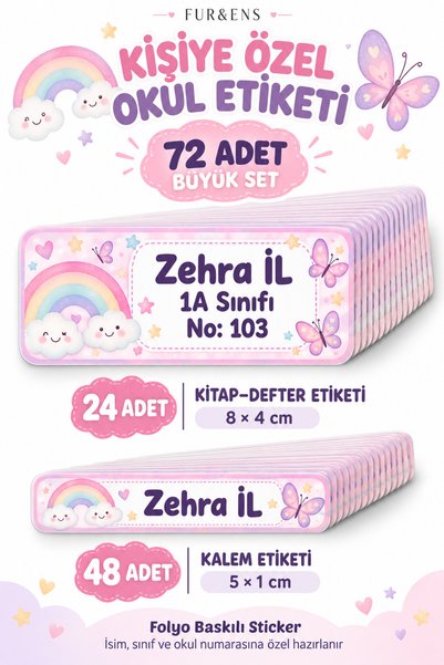 fur&ens Kişiye Özel İsimli Okul Etiketi 72 Adet Kitap Defter Kalem Suluk Sticker Seti Gökkuşağı Kelebek Temalı