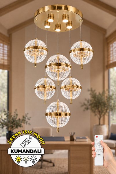 Dekorluna Molin Kumandalı Gold 6'lı Kristal Küre Sarkıt Avize 3 Renk Işık Mod...