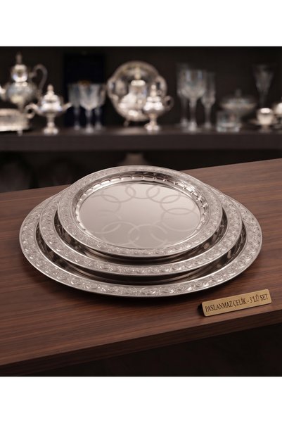 BİODATA Luxury Steel 3-Piece Tea Tray Set | Round Coffee and Serving Tray wit...