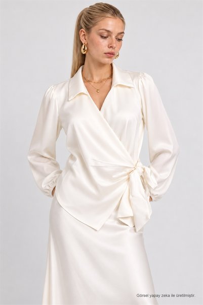 Lovelyİstanbul Shirt Collar Wrap-Style Blouse with Satin Finish LGK0010 ECRU