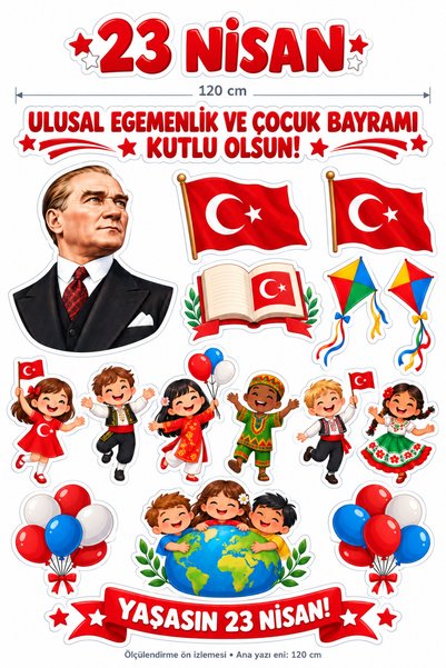 fur&ens 23 Nisan Atatürk ve Dünya Çocukları Temalı Bas Kes Folyo Sticker Okul Sınıf Süsleme Seti Ana Başlık 120 cm