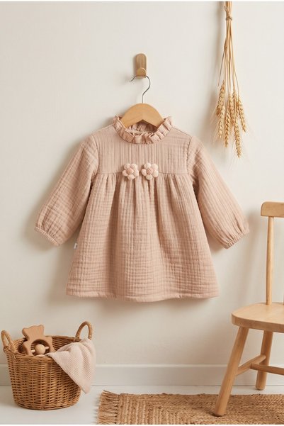 Caramell Girl's 100% Cotton Double-Layer Muslin Dress - With Floral Details