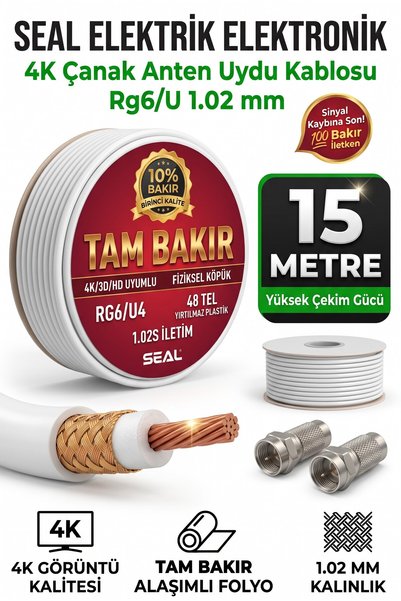 Seal Elektrik 15 Metre Tam Bakır 4K Uydu Anten Kablosu RG6/U 1.02 mm (F Konne...