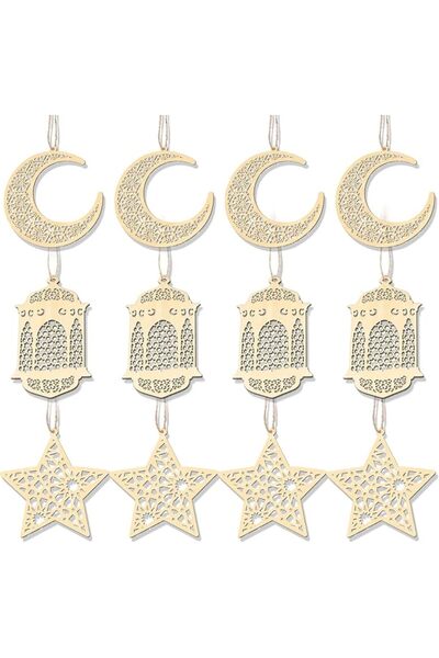 Pomefar زينة رمضان للمنزل - 12 قطعة من زينة رمضان الخشبية المعلقة، قلادة على ...