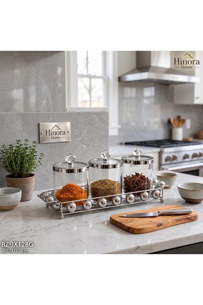 Hinora Home 3-Piece Glass Spice Jar Set with Silver Metal Stand and Crystal H...