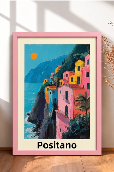 HOMEPACK Positano Orange Sun and Colorful Houses Framed Painting Italy Poster...
