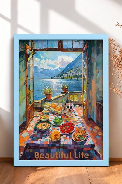 HOMEPACK Bella Vita Written Lake View Table Framed Painting Italy Poster Wall...