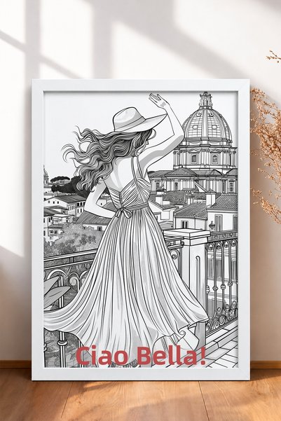 HOMEPACK Ciao Bella Written Balcony Woman with Hat Framed Painting Italy Post...