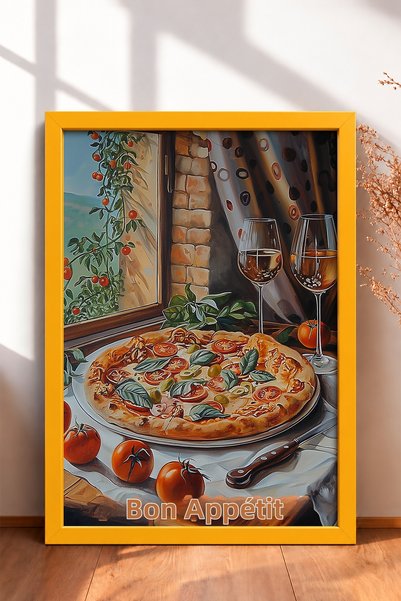 HOMEPACK لوحة فنية مكتوب عليها "Buon Appetito" مع إطار للبيتزا والنبيذ الأبيض...