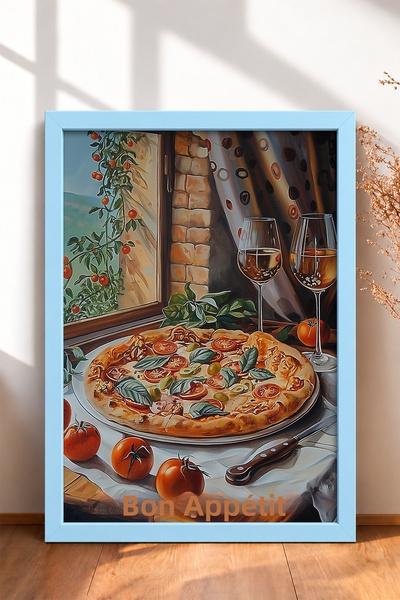HOMEPACK لوحة فنية مكتوب عليها "Buon Appetito" مع إطار للبيتزا والنبيذ الأبيض...