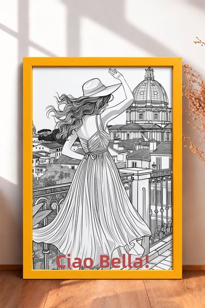 HOMEPACK Ciao Bella Written Balcony Woman with Hat Framed Painting Italy Post...
