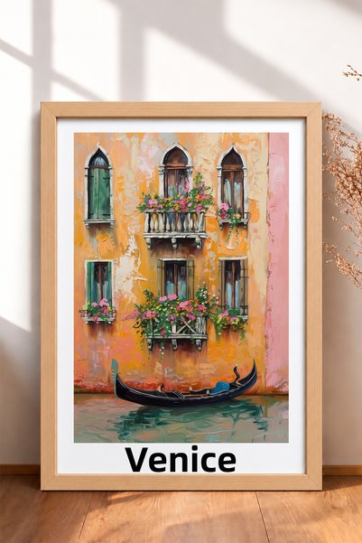 HOMEPACK Venice Floral Balcony and Gondola Framed Painting Italy Poster Livin...