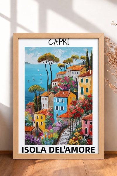 HOMEPACK Capri Floral Hillside and Colorful Houses Framed Painting Italy Post...