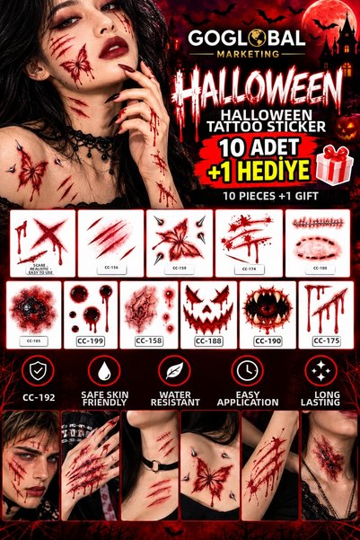 goglobal Halloween Temporary Tattoo Sticker Set 10 Pieces + 1 Gift |   Hallow...