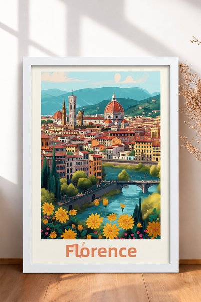 HOMEPACK Florence Cityscape and Yellow Flowers Framed Painting Italy Poster W...