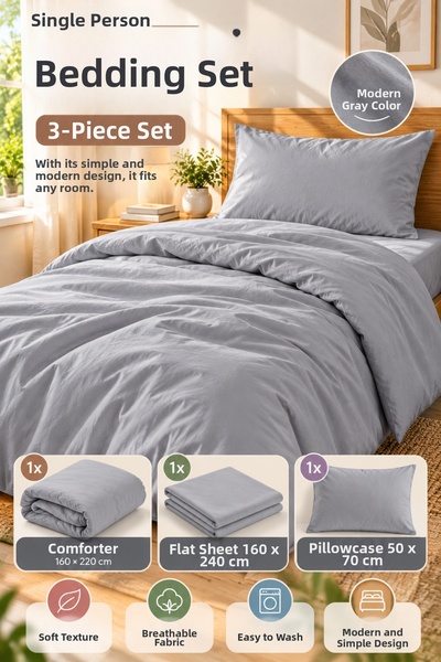 OpenCity Set de lenjerie de pat gri, 3 piese, culoare uni, 160x220, husă de p...