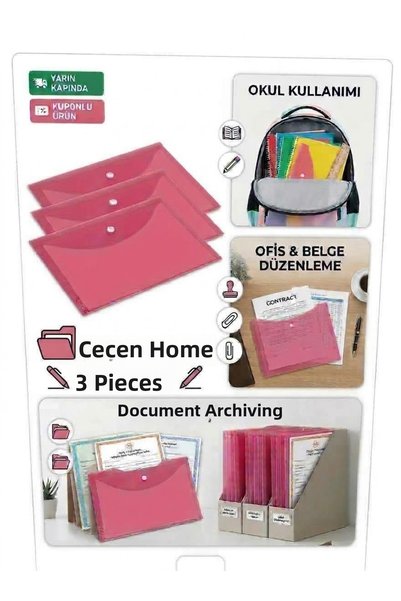ÇEÇEN HOME مجموعة مكونة من 3 مغلفات حمراء ذات مشبك - حافظة ملفات A4 لتنظيم وح...