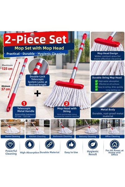 Ceyhanlar Telescopic-Handle, Strappy-Handled, Wedge-Head String Mop Set – 2-P...