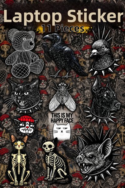 ca kay bu 11-Piece Laptop Sticker Set – Gothic Punk Animal, Cat, and Skeleton...