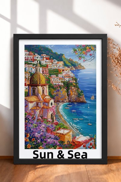 HOMEPACK Sole & Mare, Coastal Town with Written Text, Framed Painting, Italy ...