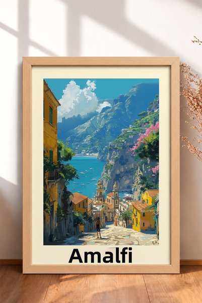 HOMEPACK لوحة فنية تصور شارع حجري وبحرًا على ساحل أمالفي، ملصق إيطالي، ديكور ...