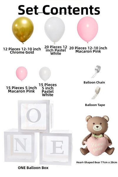 GOLDCENTER Chrome Gold, Macaron Pink and White Balloon Themed 1 Year Old Set; One Box Pink Heart Teddy Bear Foil and Balloon