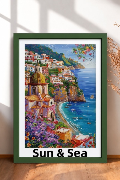 HOMEPACK Tablou înrămat cu tema „Sole & Mare” – Oraș de coastă, poster cu Ita...