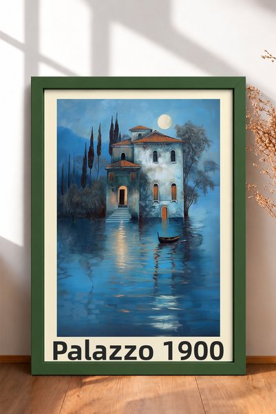 HOMEPACK Palazzo 1900 – Tablou încadrat cu o vilă pe apă, iluminată de lumina...