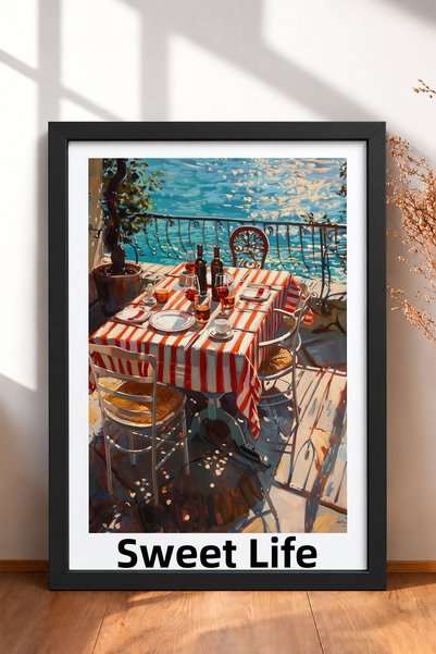 HOMEPACK Dolce Vita Striped Tablecloth Terrace Table with Framed Painting, It...