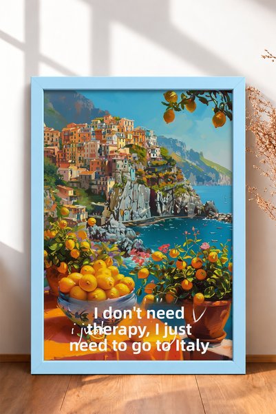 HOMEPACK لوحة فنية بإطار عليها نقش "Go To Italy" وصورة لقريّة ساحلية مع ليمون...