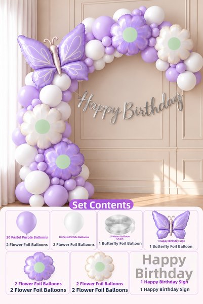 Baloncu Nene Pastel Purple Butterfly Birthday Decoration Set, Purple and Whit...