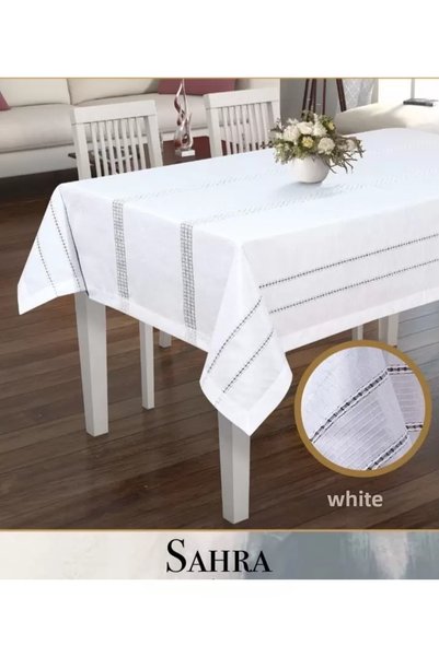 Ceki Home مفرش طاولة من البوليستر الأبيض مقاس 160x260 سم من ساهرا، مفرش طاولة...