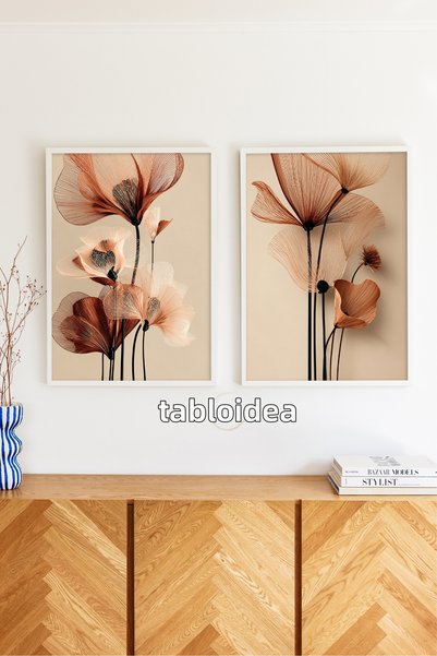 tablodea Faye - Set de 2 tablouri cu motive florale liniari în nuanțe de tera...