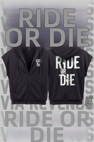 Vordevia Motorcu Motto Printed Sleeveless Zippered Hooded Sweatshirt Wide Fit...