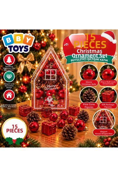 BBYTOYS 15-Piece Red Christmas Tree Ornament Set – Featuring Shiny Balls, Pinecones, and Gift-Box-Shaped Ornaments, Decorative Fir Tree Ornaments in a Gift Box