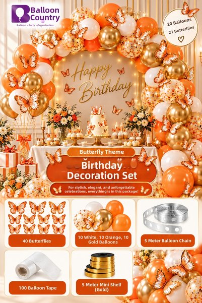 BALON DİYARI Orange and Gold Butterfly-Themed Birthday Set with 40 Butterflies