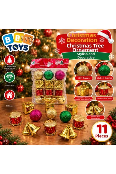 BBYTOYS 11-Piece Christmas Tree Ornament Set – Colorful Glittery Balls, Gold ...