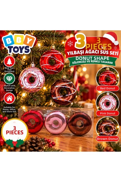 BBYTOYS 3-Piece Donut-Shaped Christmas Tree Ornament Set – Decorative Fir Tree Ornament Set with Red, Pink, and Brown Glittery Sequins
