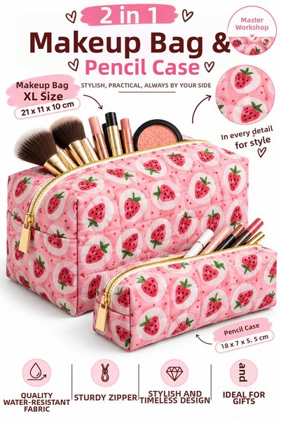 RONYA LEATHER Quilted Waterproof Fabric 2-Piece Makeup & Pencil Case Set—Mult...
