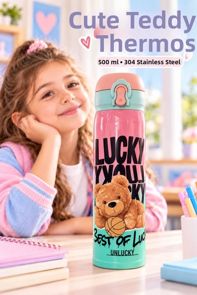 Lucky Love Cute Teddy Bear Print Kids' Thermos, 500 mL / 304 Stainless Steel,...