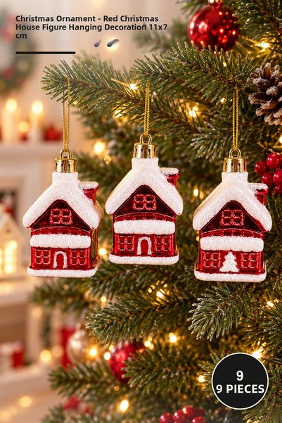 Yenilig Set of 9 Tree Ornaments – Red Christmas House-Shaped New Year's Hangi...