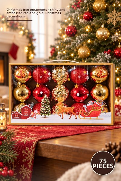 Yenilig 75 Christmas Tree Ornaments – Red and Gold with Glittery and Embossed...