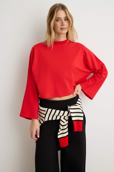Trendyol Collection Red Stand-Up Collar Oversize Fit Cotton Knitted T-Shirt T...