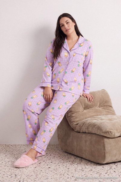 Trendyol Curve Lilac Dog-Print Cotton Shirt Collar Knit Plus-Size Pajama Set ...