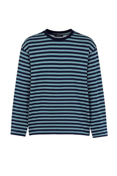 Trendyol Collection Navy Blue Striped Oversize/Wide Cut Knitted T-Shirt Tmnaw...