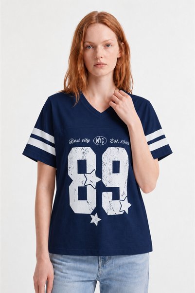 HAKKE V-Neck College Printed Comfortable Fit T-Shirt